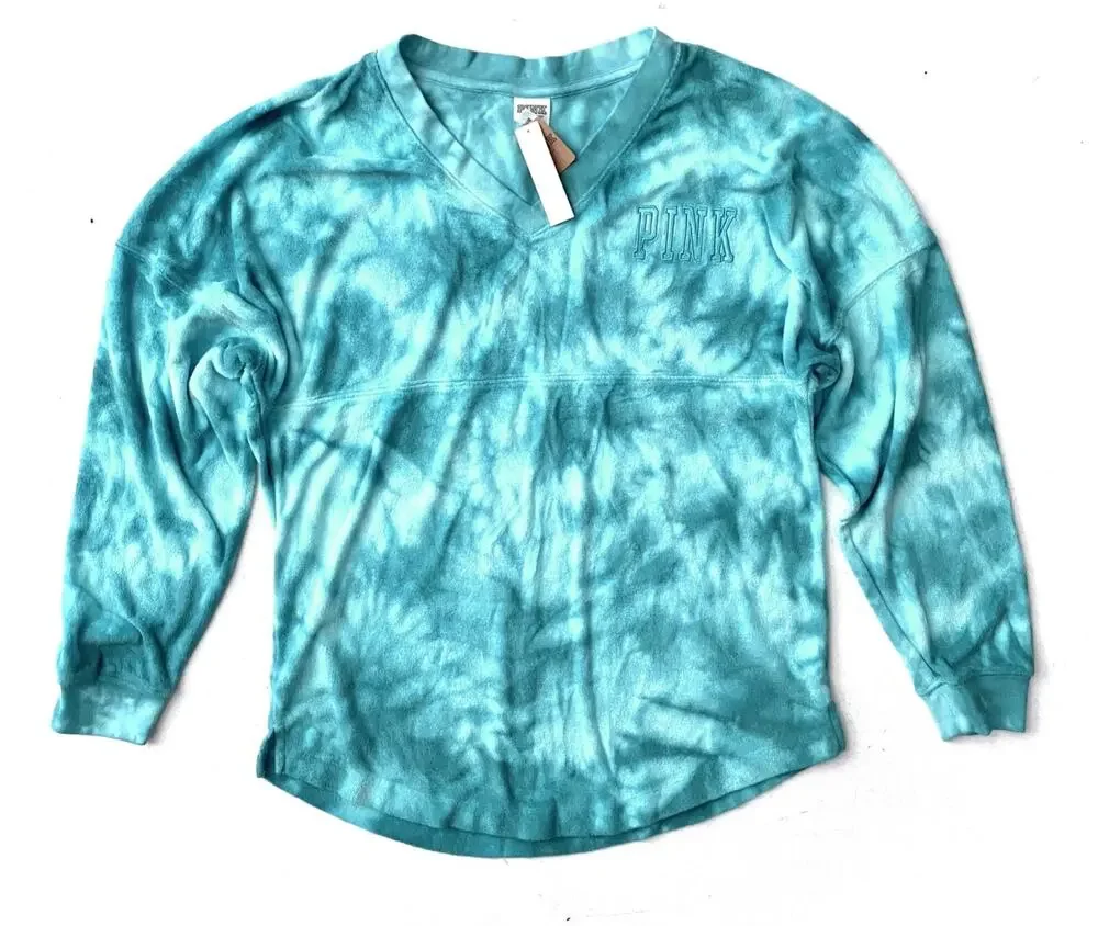 PINK Victoria's Secret Terry Cloth Logo Varsity Sweater Top Tie Dye XS
